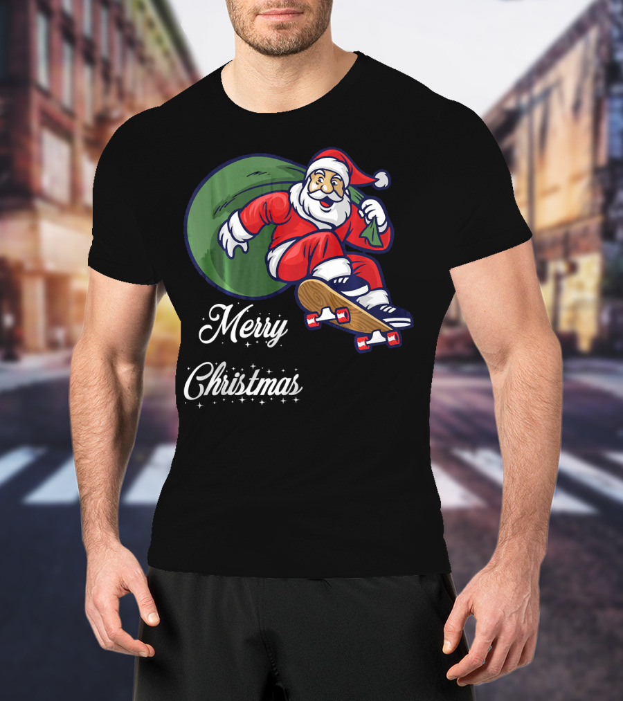 Merry Christmas Santa Claus Skating With Gift Sack T-Shirt