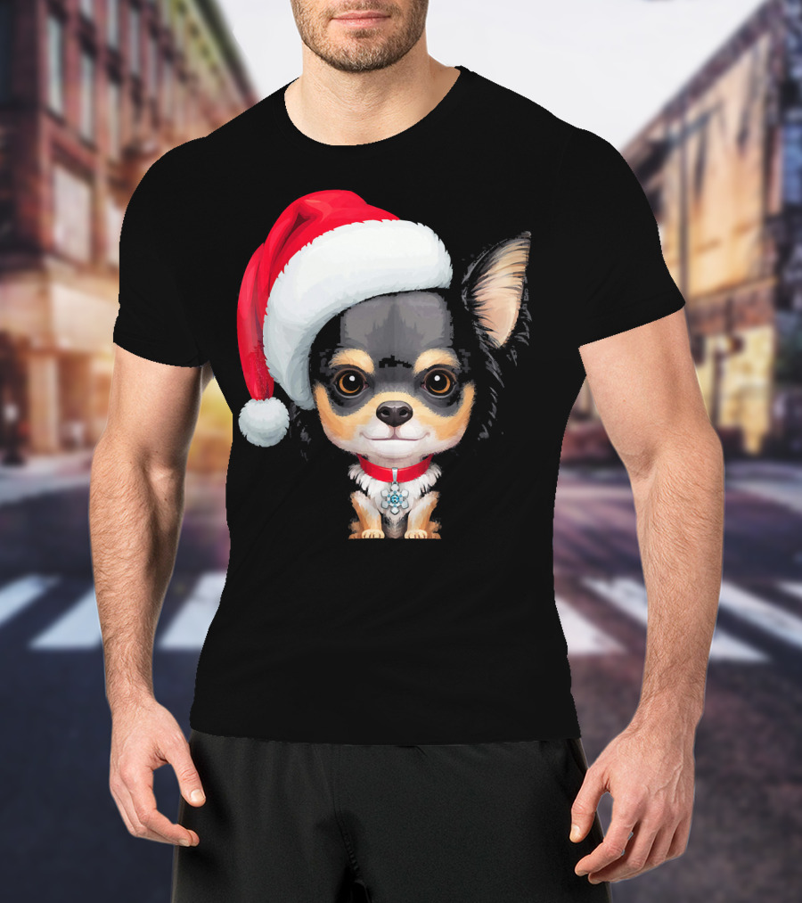 Festive Black And Tan Long Haired Chihuahua Santa Hat T-Shirt