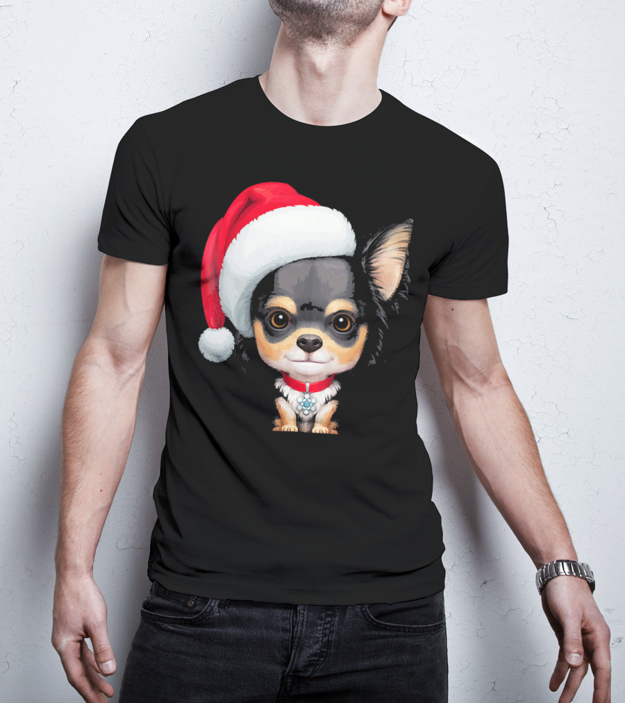 Festive Black And Tan Long Haired Chihuahua Santa Hat T-Shirt