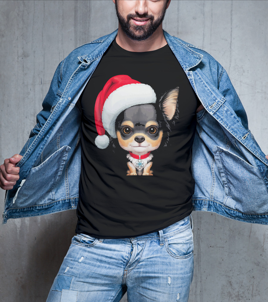 Festive Black And Tan Long Haired Chihuahua Santa Hat T-Shirt