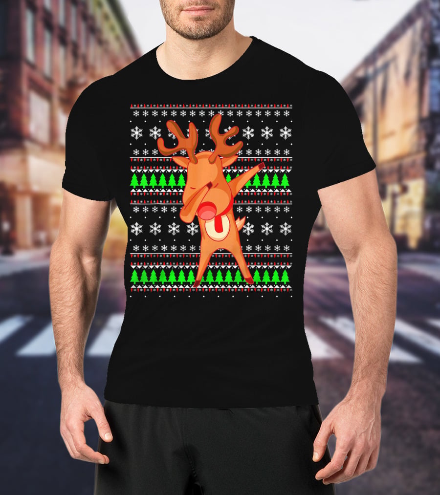 Dabbing Red Nose Reindeer Snowflakes Christmas Trees Ugly T-Shirt