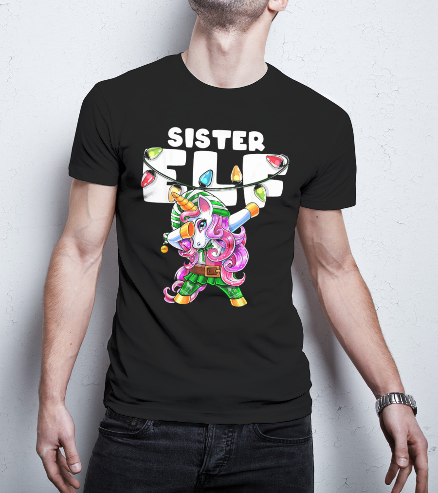 Sister Elf Christmas Dabbing Unicorn With Holiday Lights T-Shirt