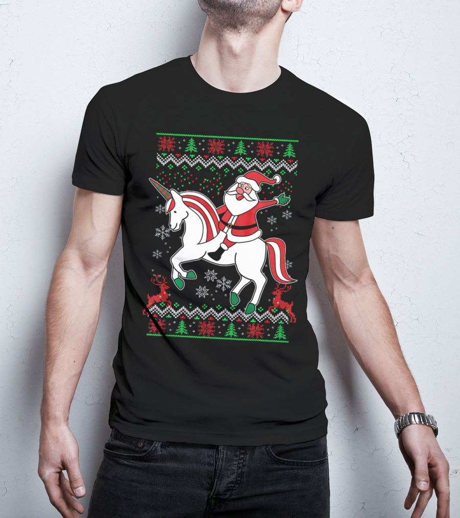 Santa Claus Riding Unicorn Christmas Sweater Pattern Holiday Magic T-Shirt