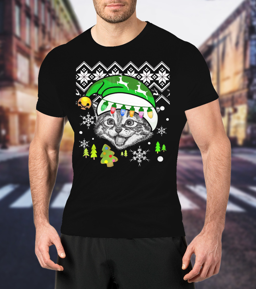 Christmas Cat Reindeer Hat Snowflakes Festive Lights T-Shirt