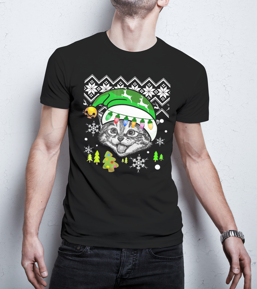 Christmas Cat Reindeer Hat Snowflakes Festive Lights T-Shirt