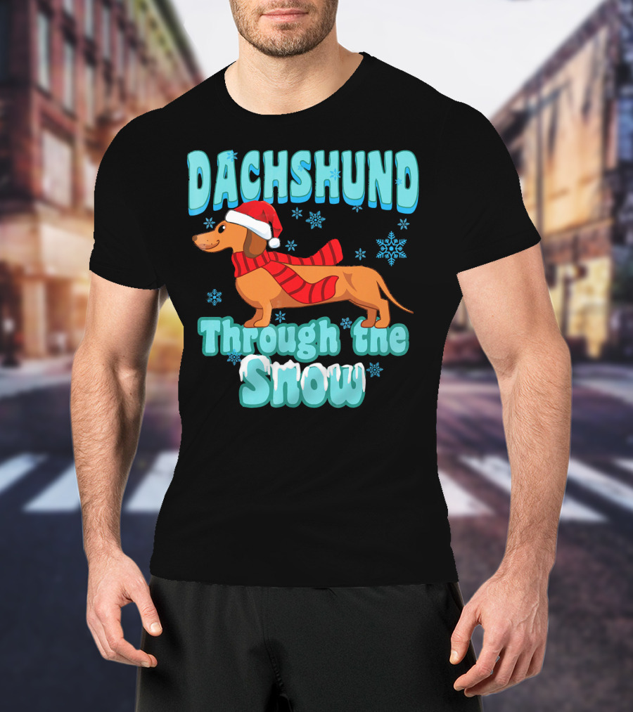 Dachshund Through The Snow Scarf And Santa Hat T-Shirt