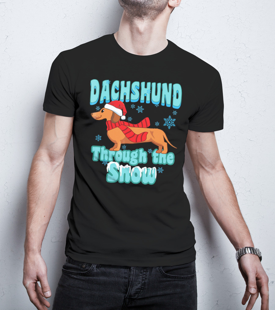 Dachshund Through The Snow Scarf And Santa Hat T-Shirt