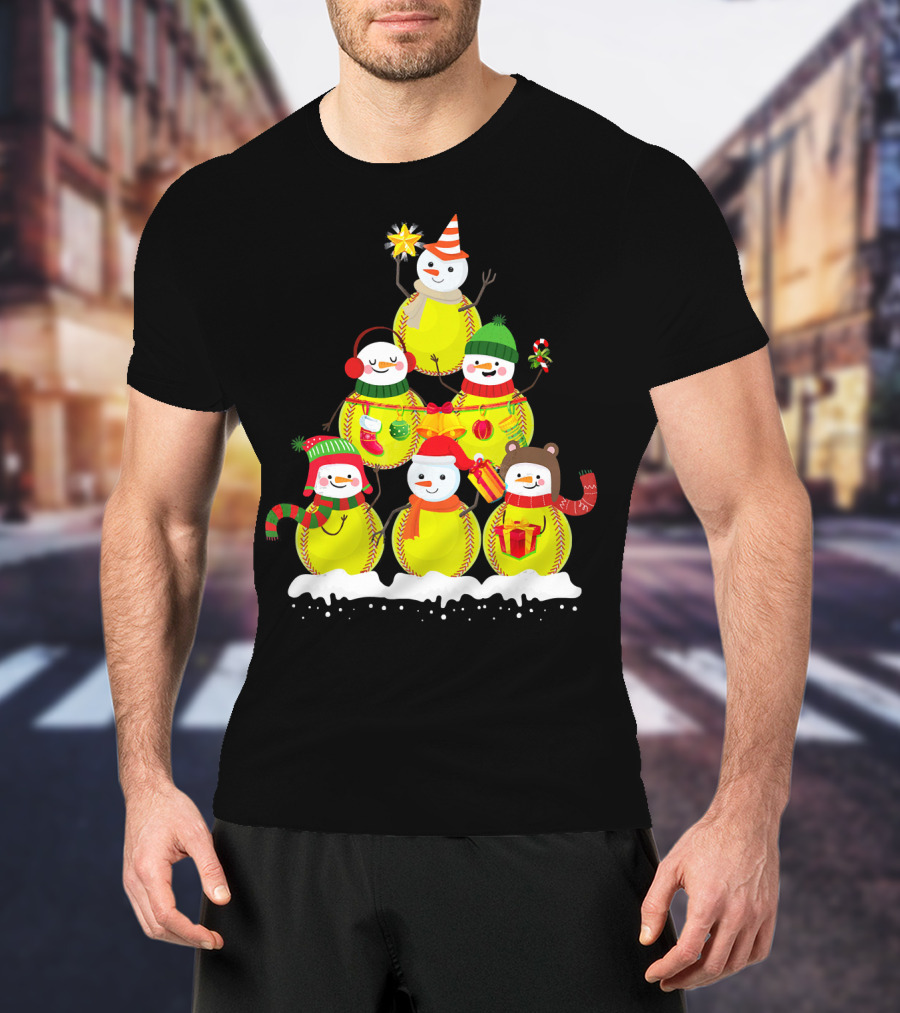 Softball Snowman Christmas Tree Holiday Scene T-Shirt