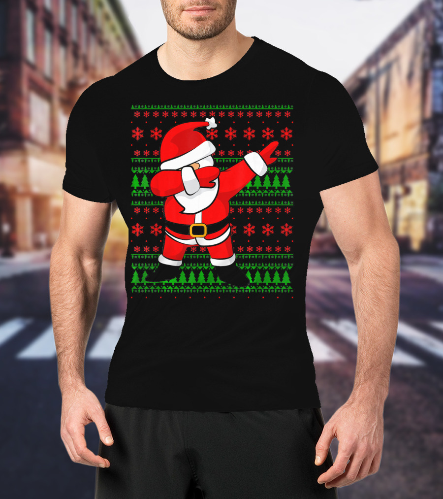 Santa Claus Dabbing Christmas Sweater Style Snowflakes Trees T-Shirt