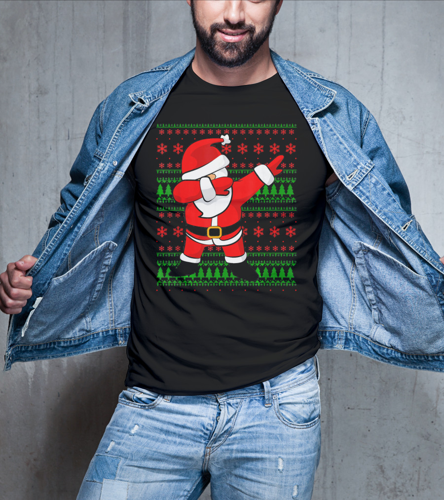 Santa Claus Dabbing Christmas Sweater Style Snowflakes Trees T-Shirt