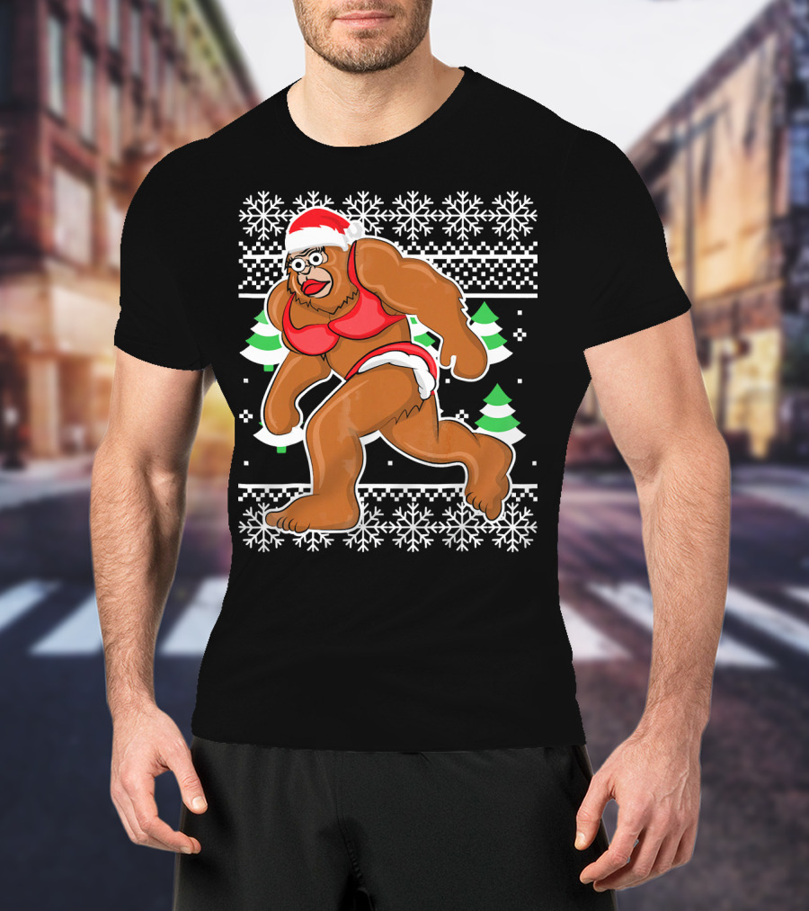 Bigfoot Bikini Ugly Christmas Sweater Santa Hat Snowflakes Holiday Party T-Shirt