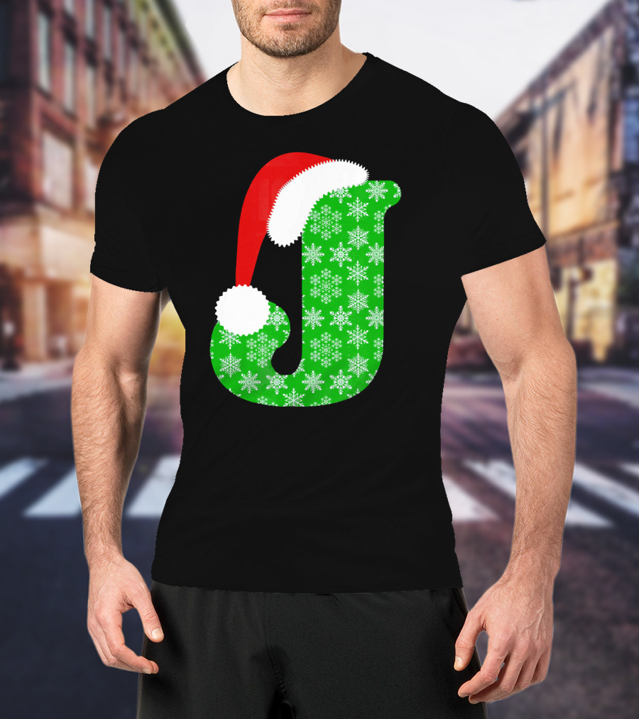 Santa Hat Green Snowflake Monogram Letter J Christmas T-Shirt