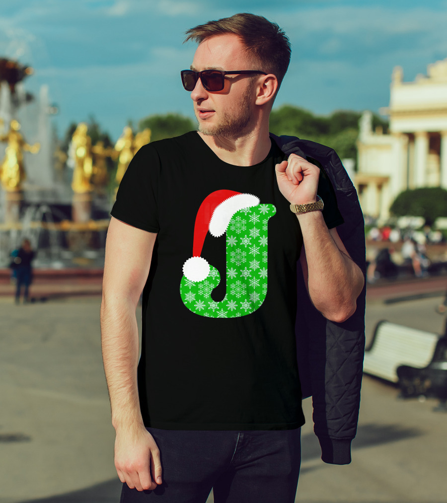 Santa Hat Green Snowflake Monogram Letter J Christmas T-Shirt