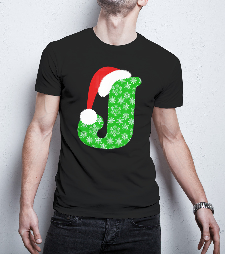 Santa Hat Green Snowflake Monogram Letter J Christmas T-Shirt