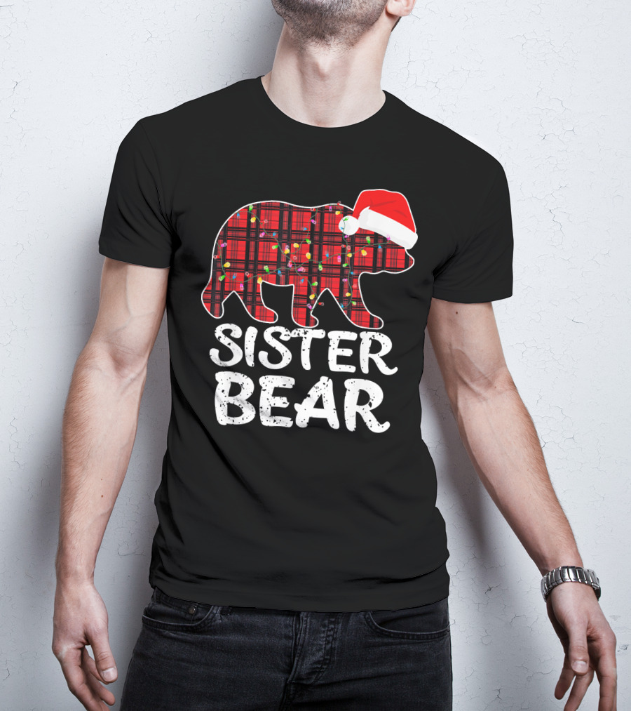 Sister Bear Red Plaid Christmas Paj With Santa Hat And Lights T-Shirt