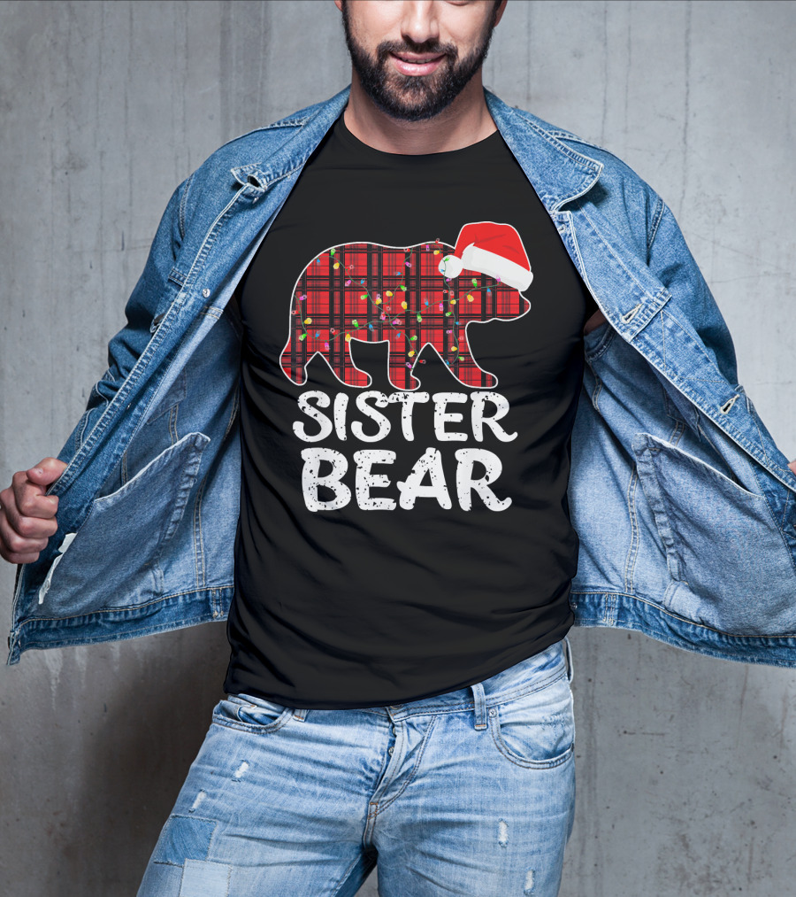 Sister Bear Red Plaid Christmas Paj With Santa Hat And Lights T-Shirt