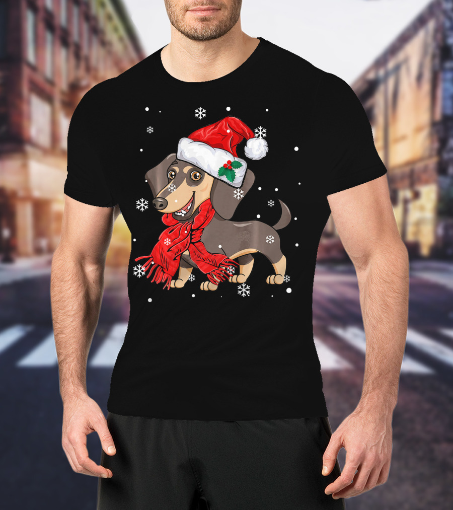 Dachshund Wearing Santa Hat And Red Scarf With Snowflakes T-Shirt