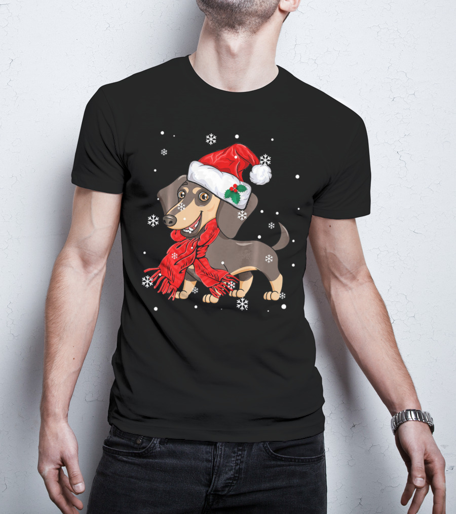 Dachshund Wearing Santa Hat And Red Scarf With Snowflakes T-Shirt