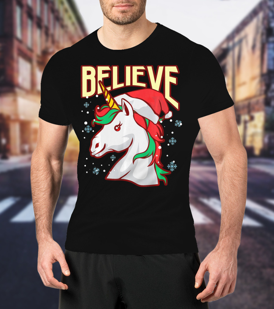 Believe The Unicorn Santa Hat Snowflakes T-Shirt