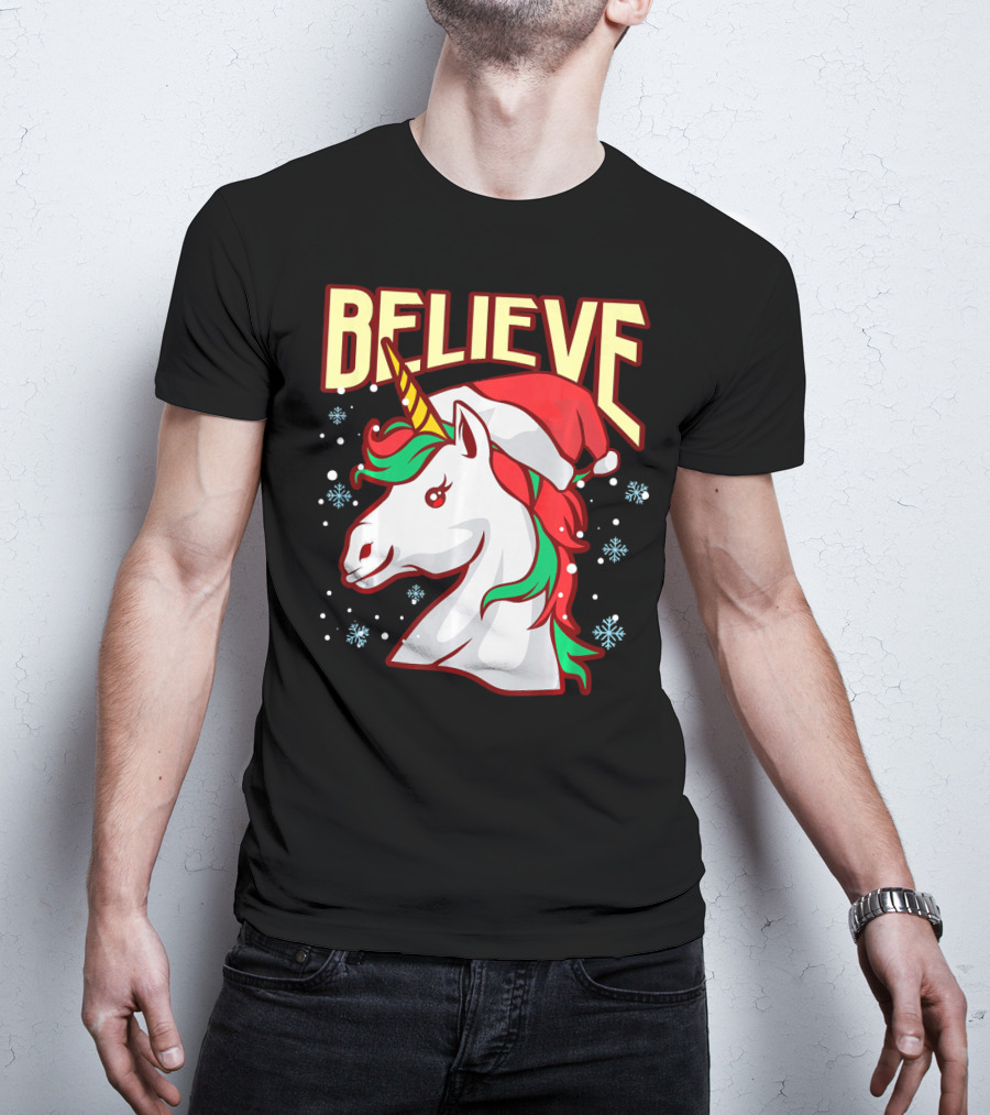 Believe The Unicorn Santa Hat Snowflakes T-Shirt
