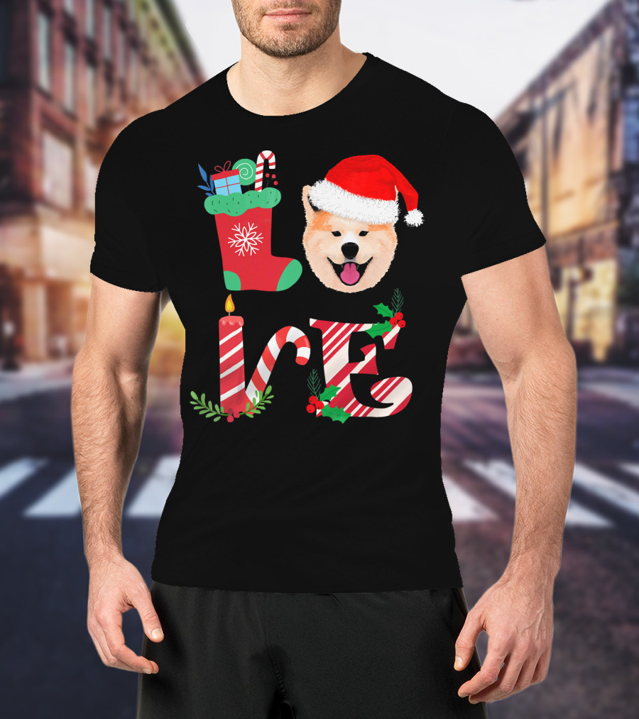 I Love My Akita Christmas Love With Santa Hat And Holiday Decorations T-Shirt