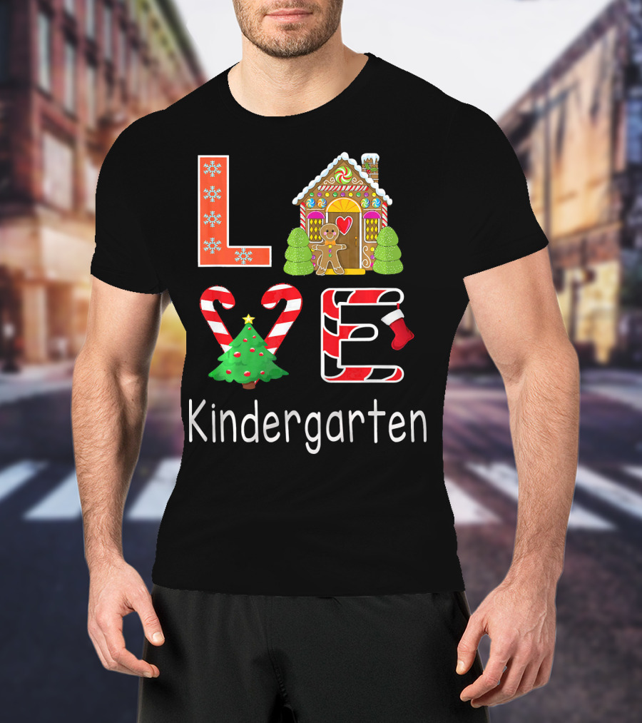 Love Kindergarten Christmas Candy Cane Gingerbread House T-Shirt
