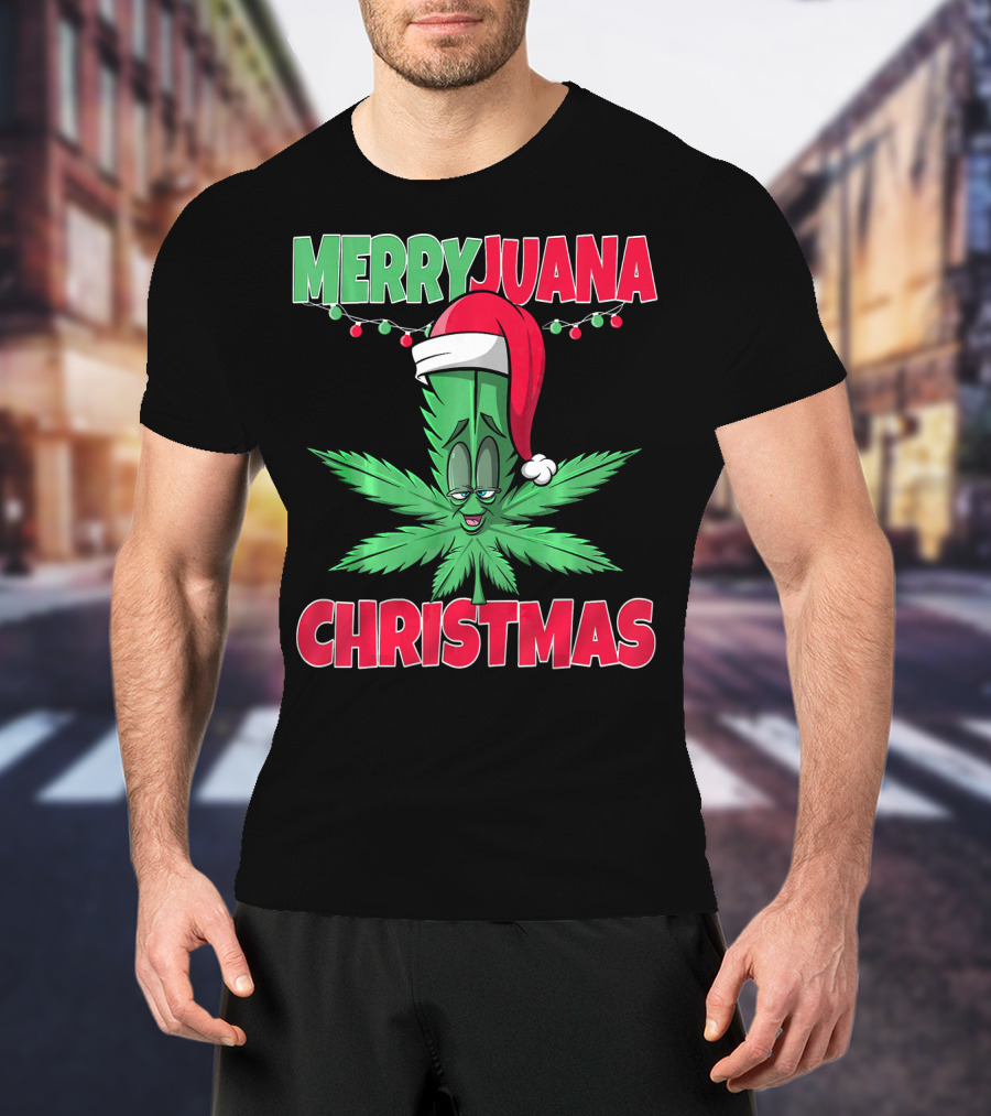 Merryjuana Christmas Funny Santa Hat Marijuana Leaf T-Shirt