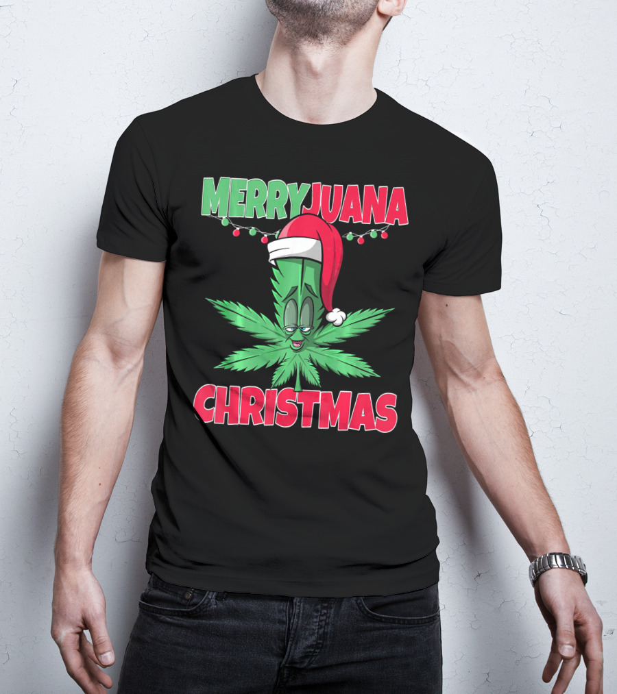 Merryjuana Christmas Funny Santa Hat Marijuana Leaf T-Shirt