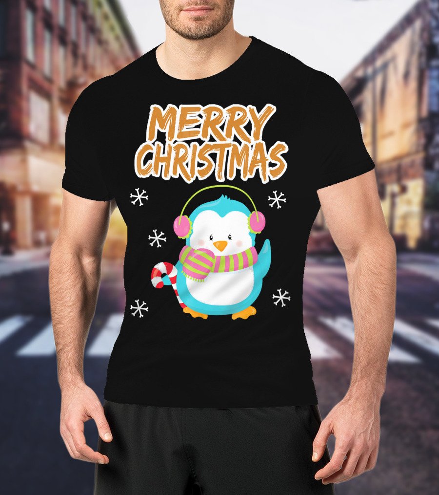 Merry Christmas Penguin With Candy Cane And Snowflakes T-Shirt