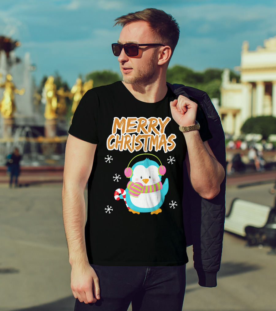 Merry Christmas Penguin With Candy Cane And Snowflakes T-Shirt