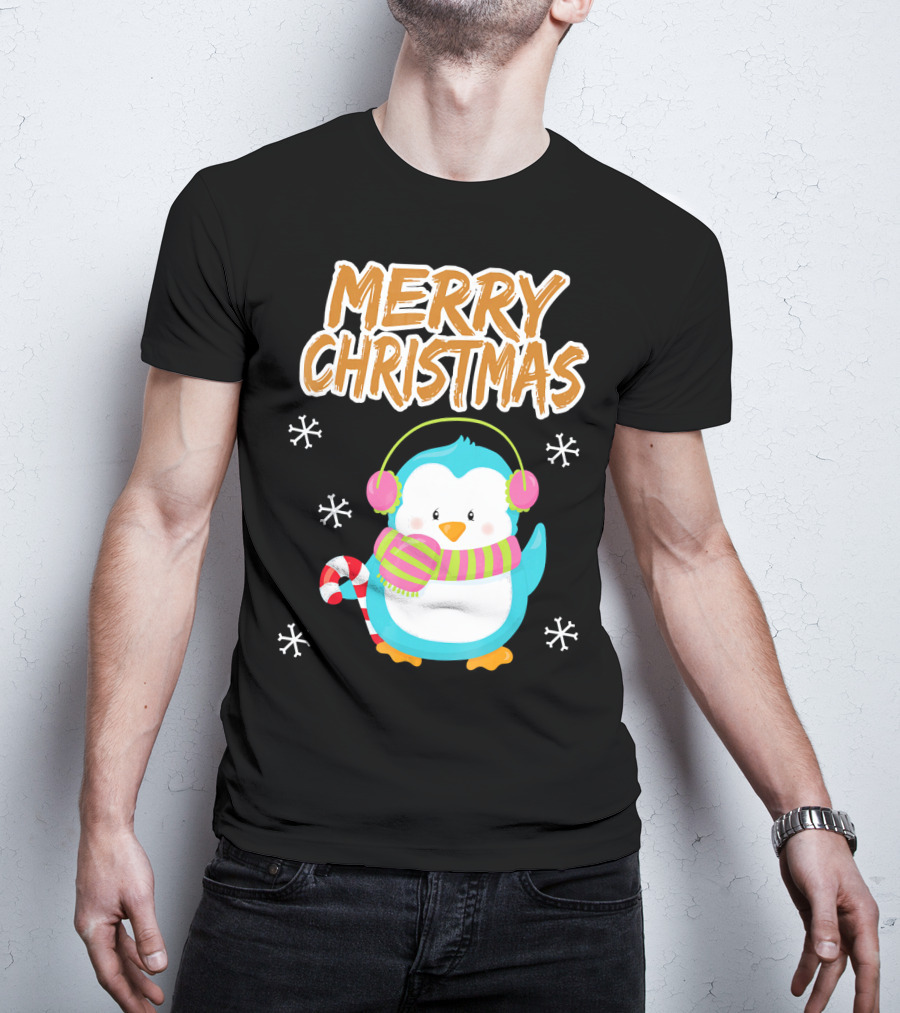 Merry Christmas Penguin With Candy Cane And Snowflakes T-Shirt