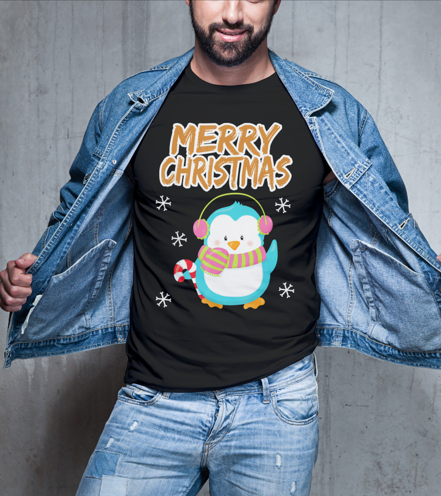 Merry Christmas Penguin With Candy Cane And Snowflakes T-Shirt