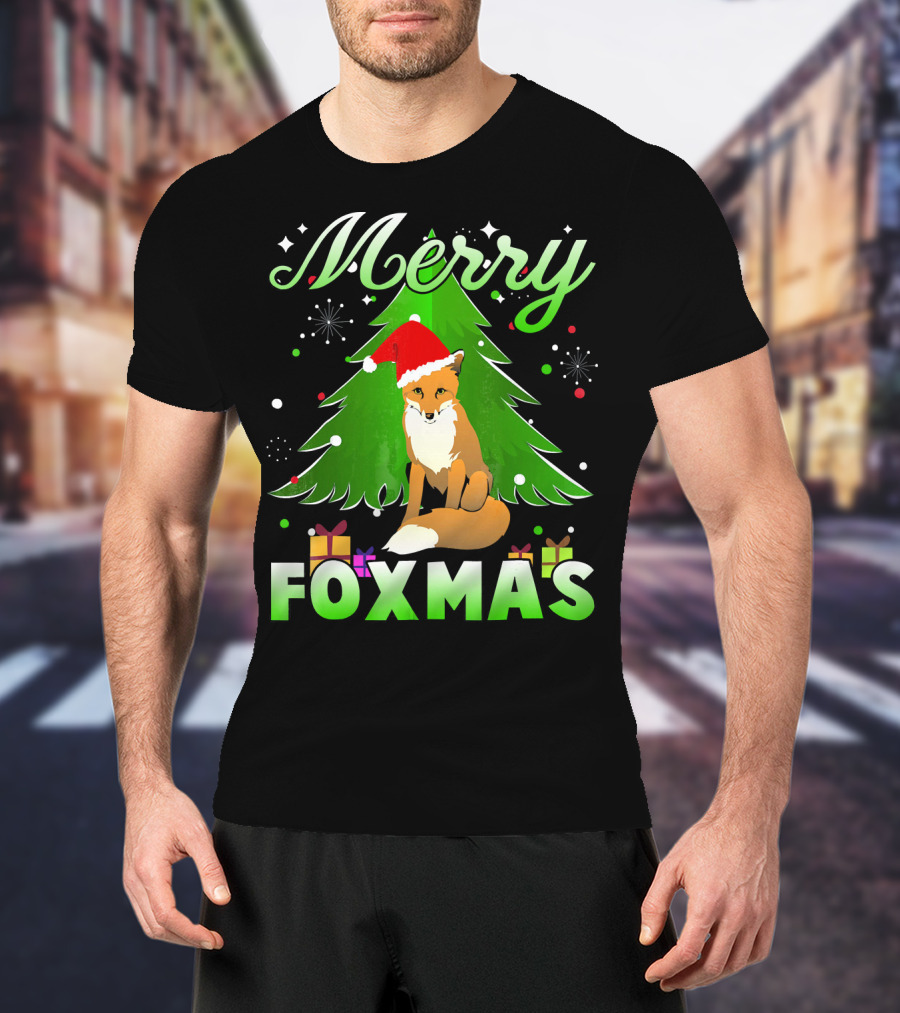 Merry Foxmas Santa Hat Fox And Christmas Tree T-Shirt