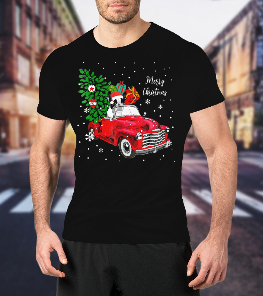 Merry Christmas Santa Boston Terrier Red Truck Snowflakes T-Shirt