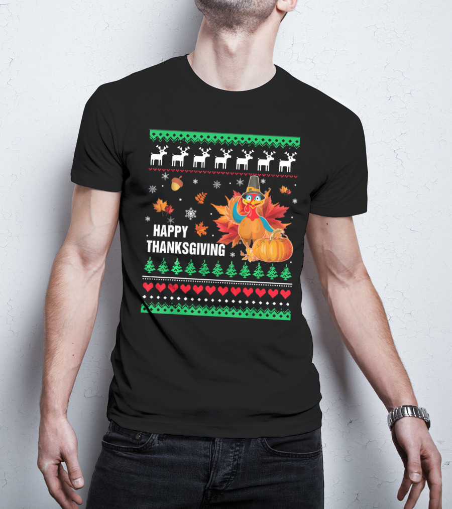 Happy Thanksgiving Turkey Pilgrim Hat Reindeer Snowflakes Pumpkins Leaves T-Shirt