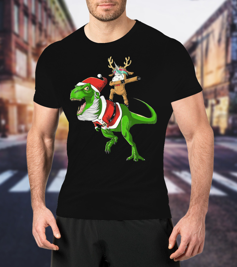 Unicorn Dabbing On Dinosaur Santa With Antlers T-Shirt