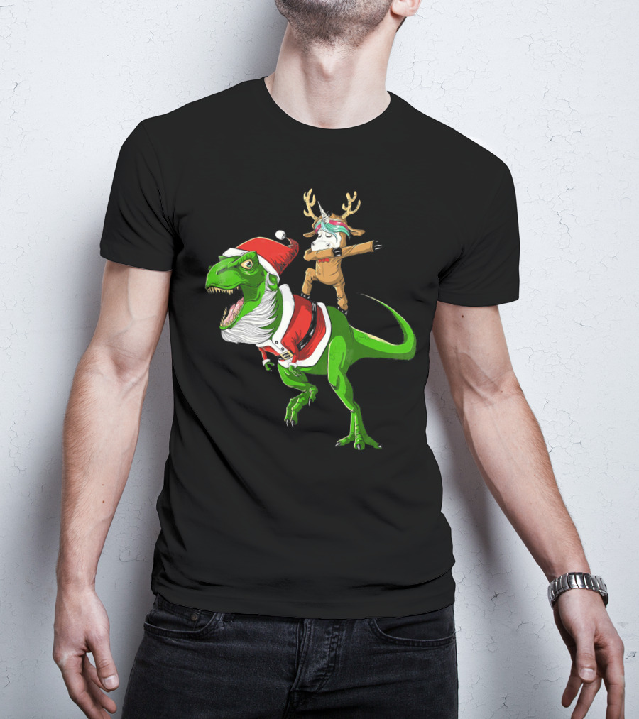 Unicorn Dabbing On Dinosaur Santa With Antlers T-Shirt