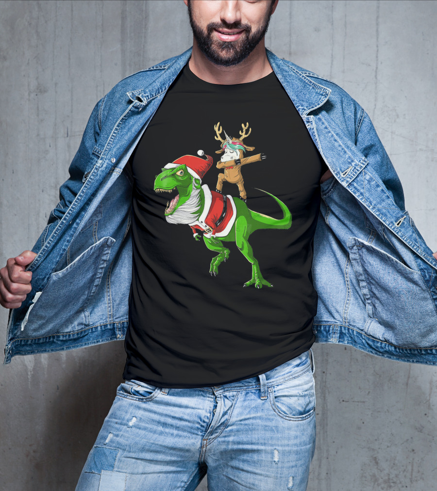 Unicorn Dabbing On Dinosaur Santa With Antlers T-Shirt