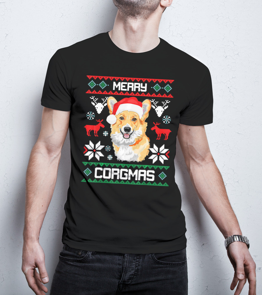Merry Corgmas Corgi Dog Santa Hat Ugly Christmas T-Shirt
