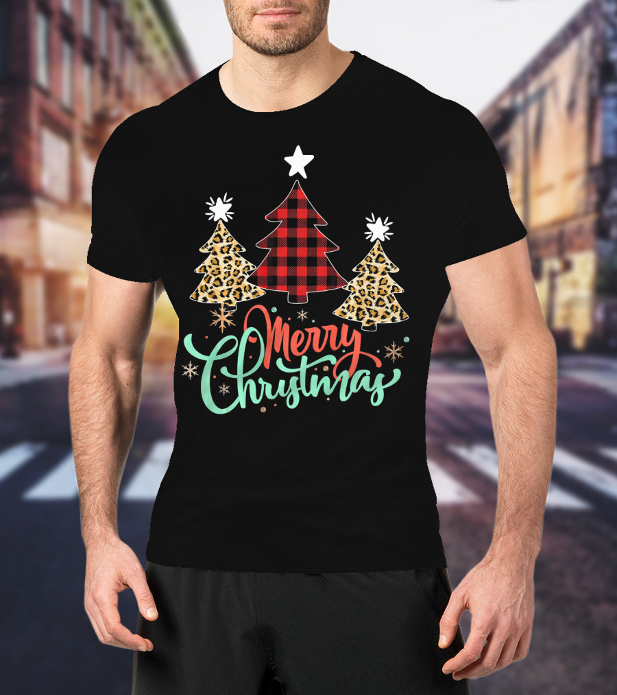 Merry Christmas Leopard Plaid Tree T-Shirt