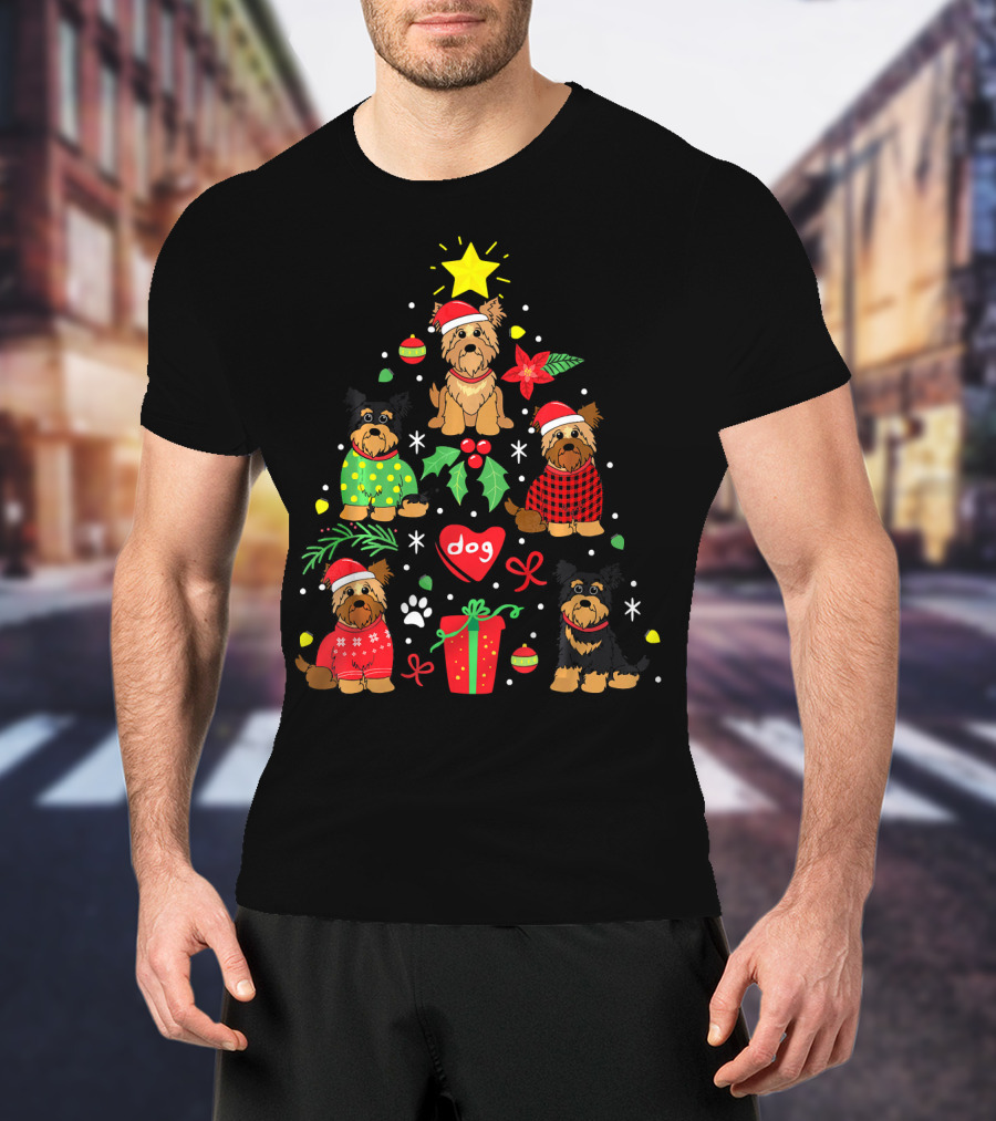 Yorkipoo Dog In Santa And Christmas Sweaters With Ornaments And Gifts T-Shirt