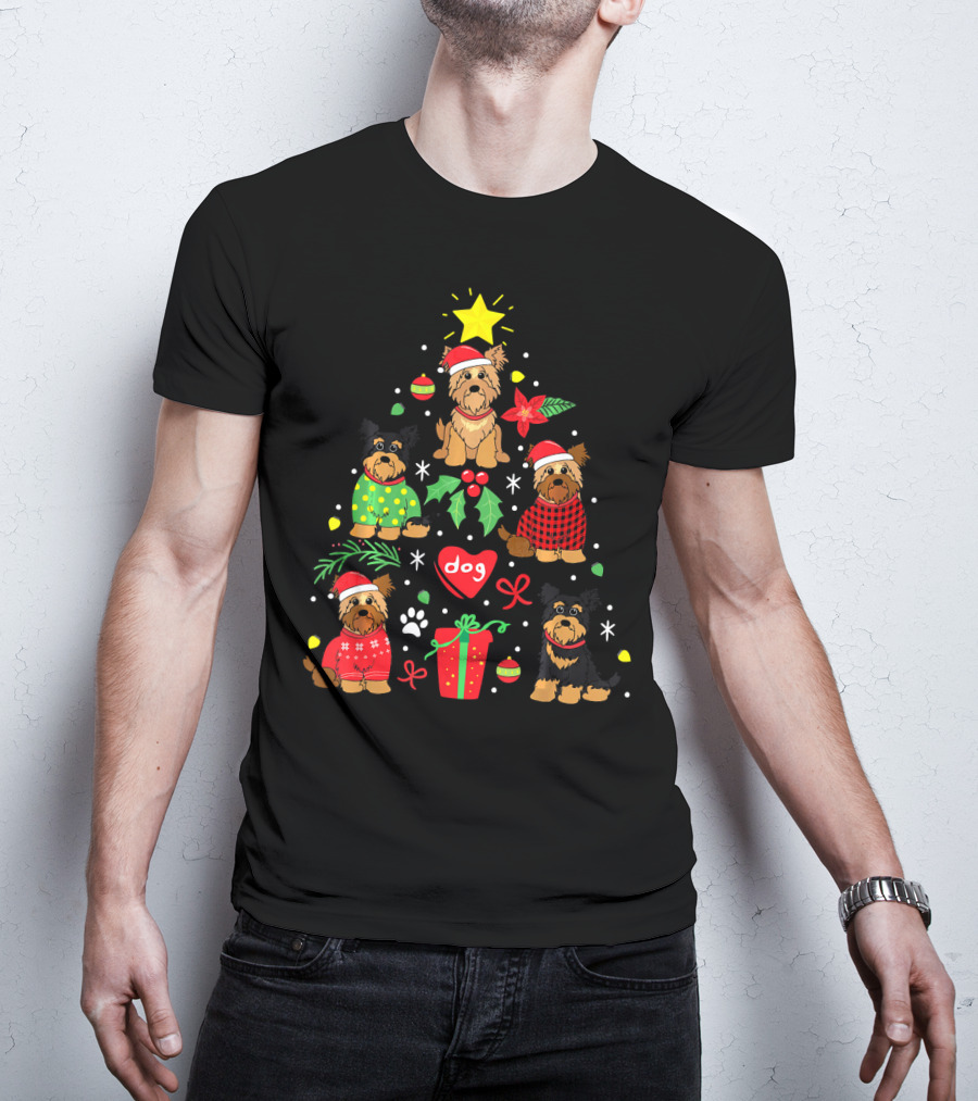 Yorkipoo Dog In Santa And Christmas Sweaters With Ornaments And Gifts T-Shirt