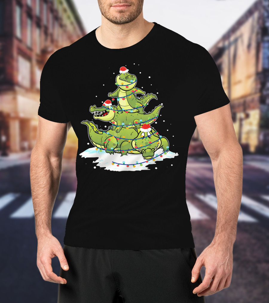 Alligator Santa Christmas Light Tree Festive Holiday Scene T-Shirt