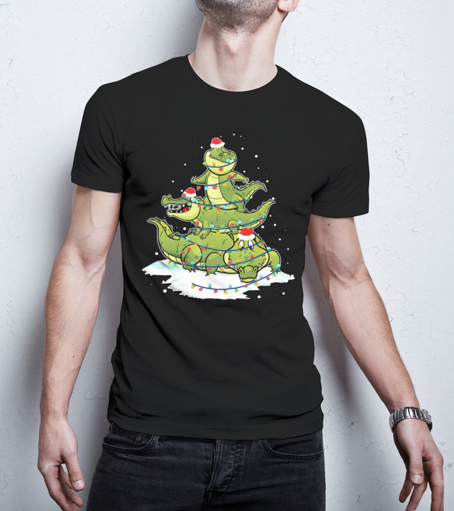 Alligator Santa Christmas Light Tree Festive Holiday Scene T-Shirt