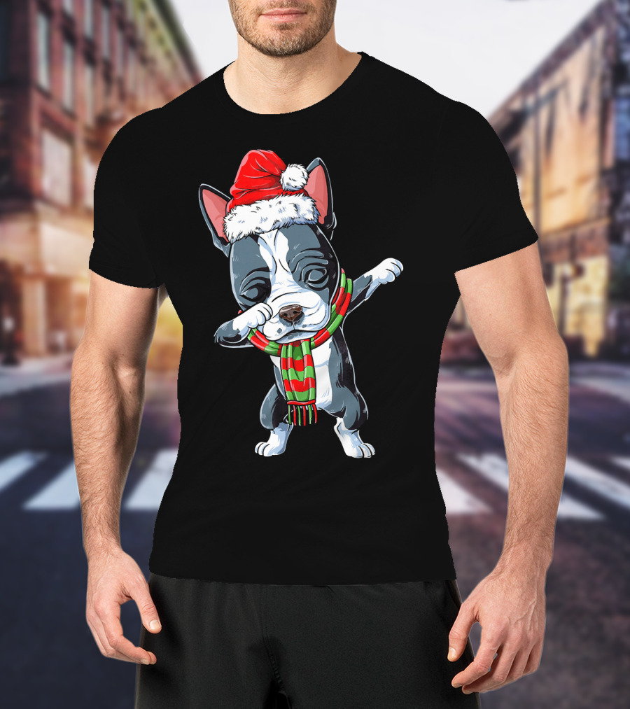 Dabbing Boston Terrier Santa Christmas Scarf Festive Dog T-Shirt
