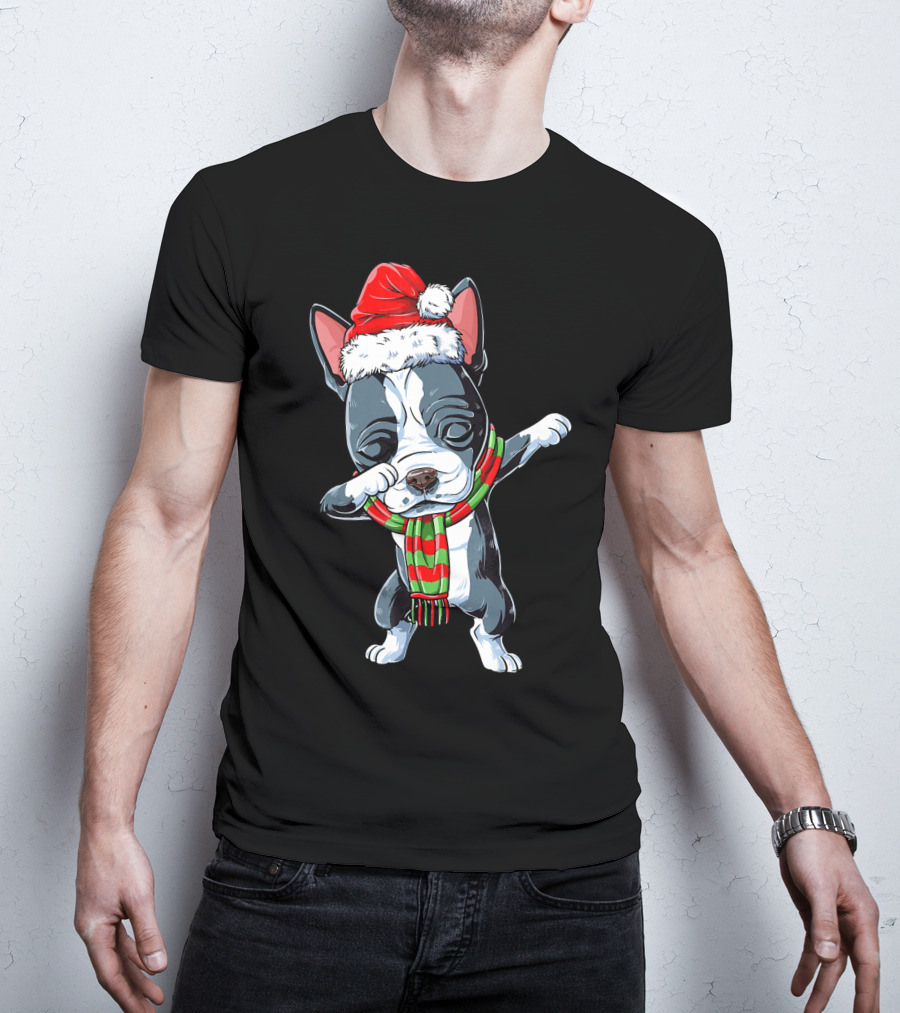 Dabbing Boston Terrier Santa Christmas Scarf Festive Dog T-Shirt
