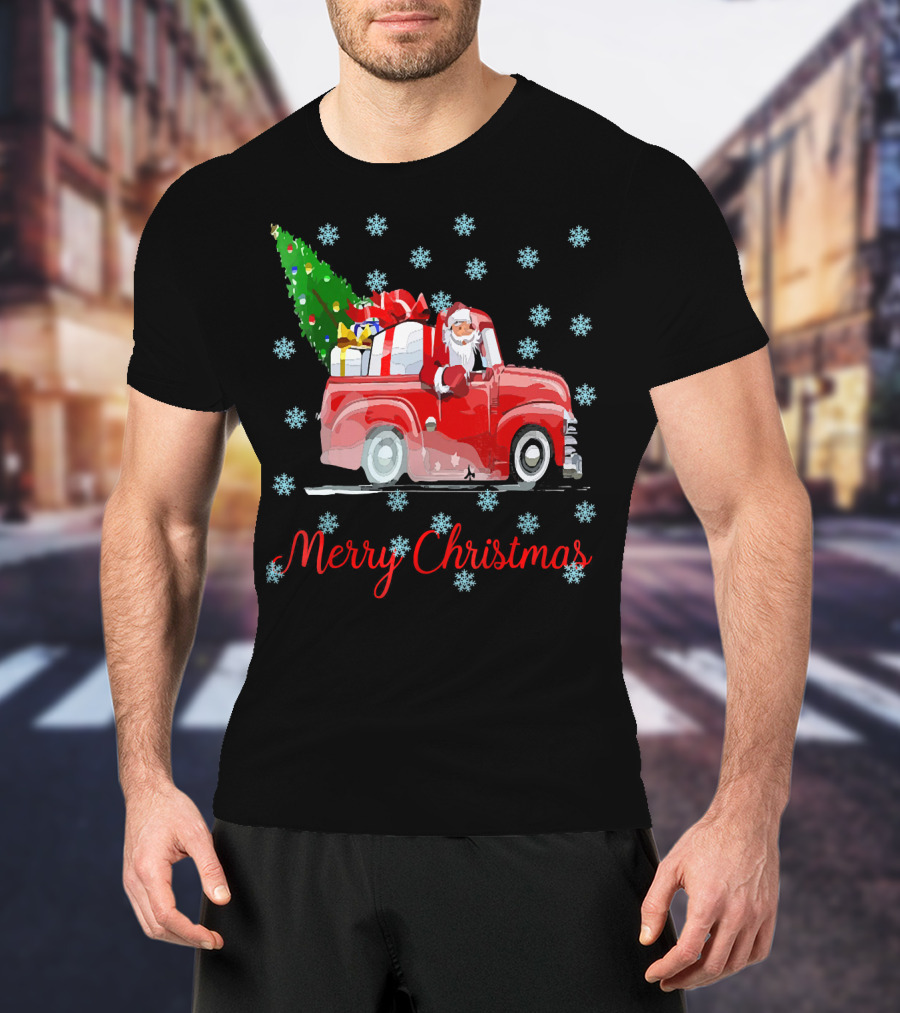 Merry Christmas Tree Santa Vintage Car With Presents And Snowflakes T-Shirt