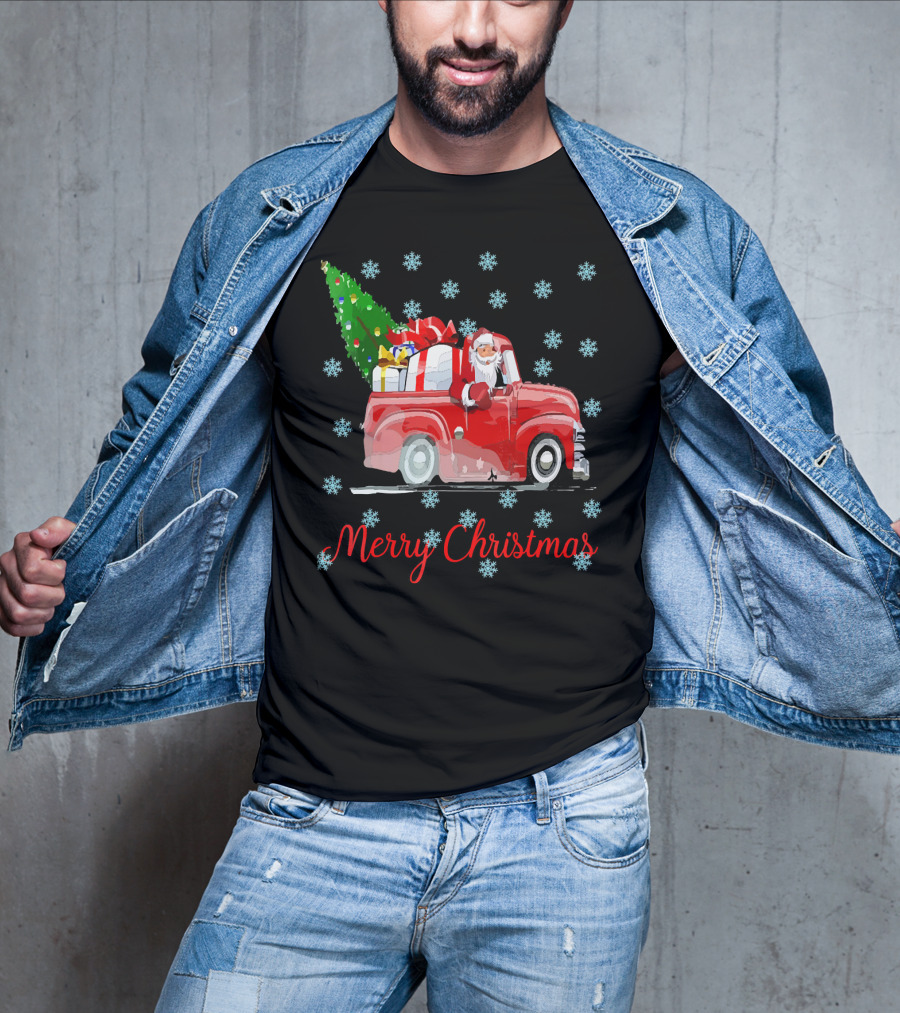 Merry Christmas Tree Santa Vintage Car With Presents And Snowflakes T-Shirt