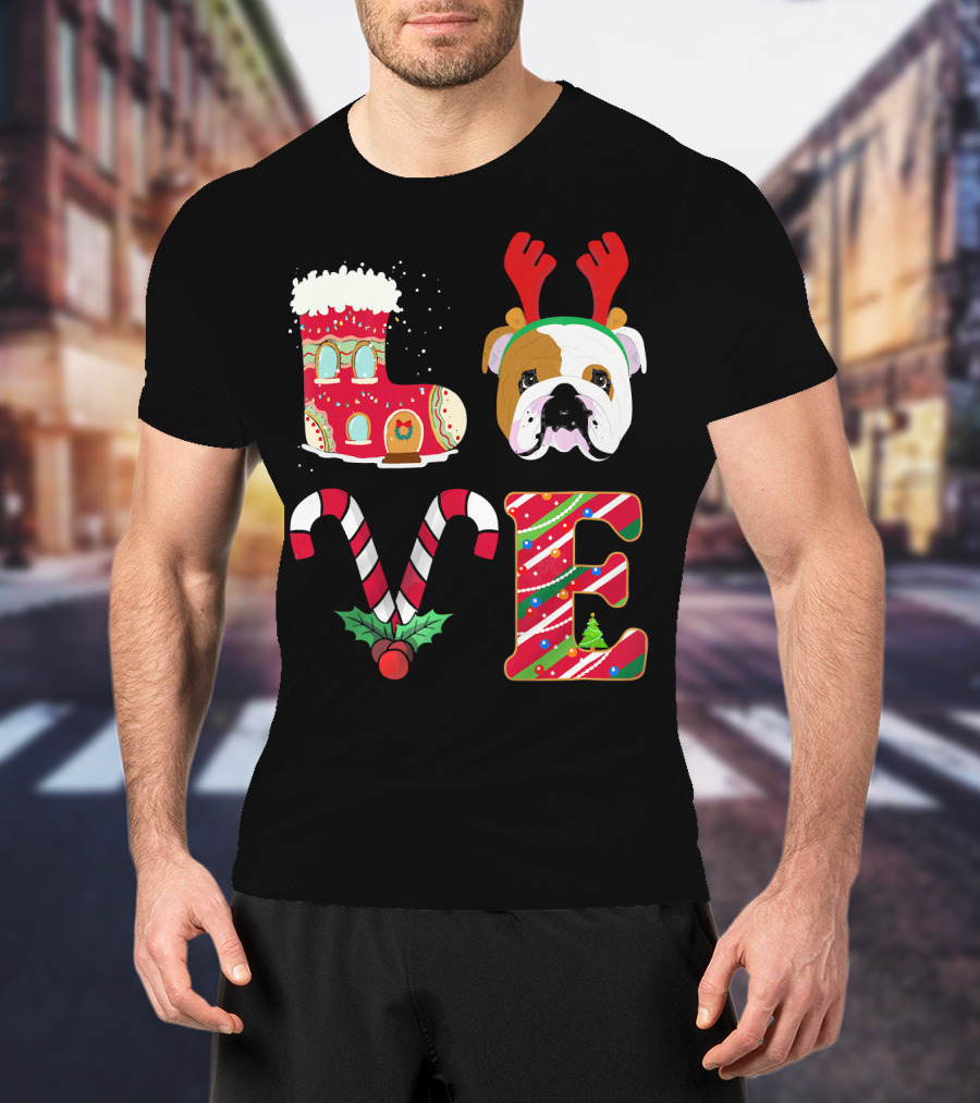 Love My English Bulldog Christmas Holiday Antlers Candy Cane T-Shirt
