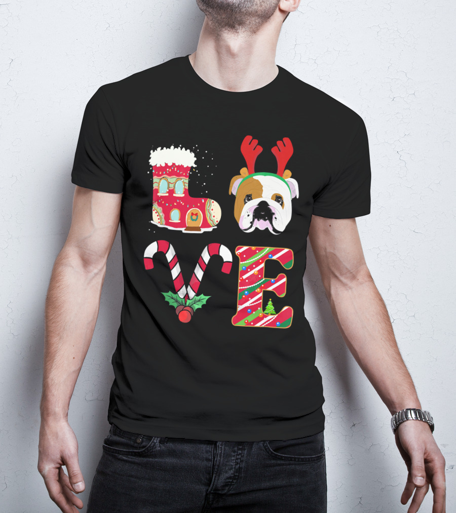 Love My English Bulldog Christmas Holiday Antlers Candy Cane T-Shirt